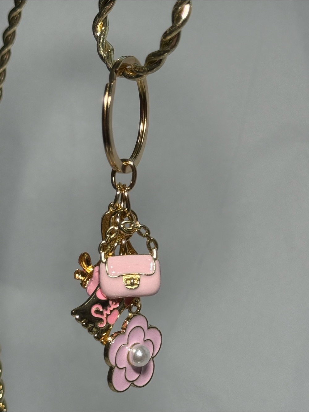 Gold-Tone Keyring with Pink Charm Purse & Flower